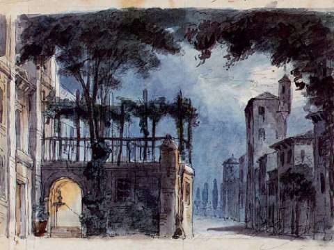 Stage set by Giuseppe Bertoja for the premiere of Rigoletto (Act 1, Scene 2)