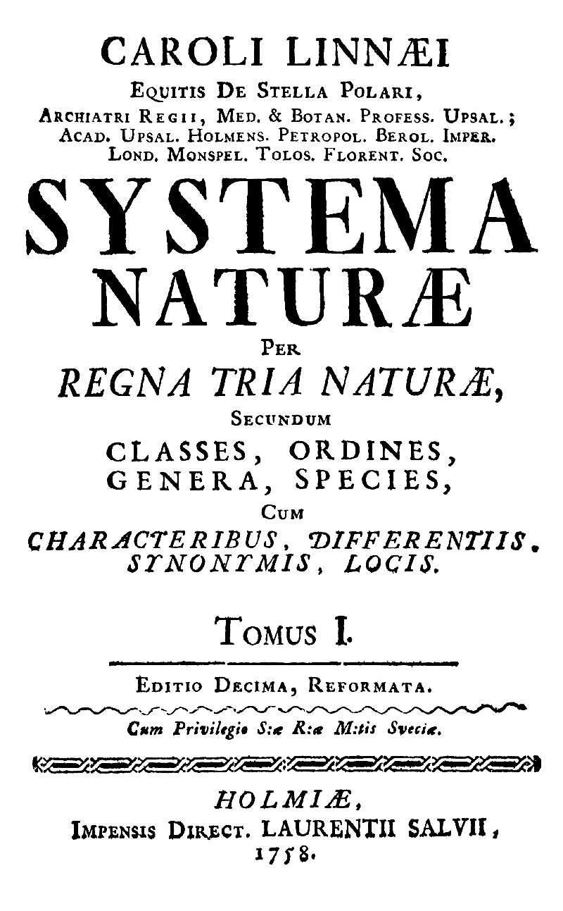 Title page of the 10th edition of Systema Naturæ (1758)
