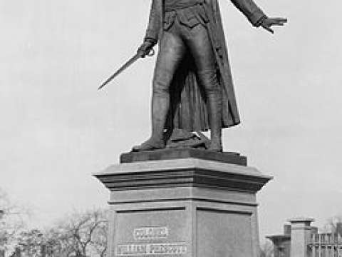 A bronze statue of Prescott's grandfather William Prescott in Charlestown, Massachusetts