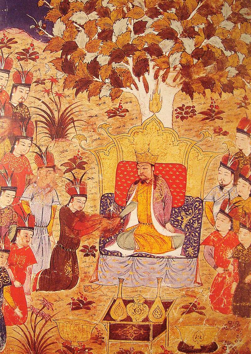 Genghis Khan (center) at the coronation of his son Ögedei, Rashid al-Din, early 14th century