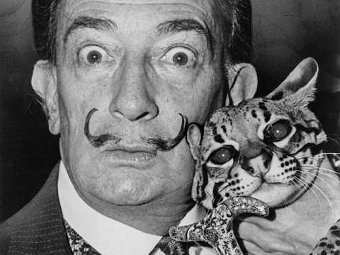 Dalí in the 1960s sporting his characteristic flamboyant moustache holding his pet ocelot, Babou