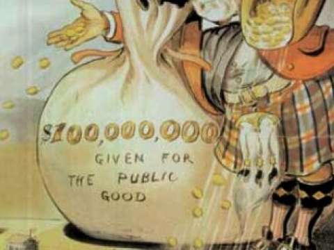 Andrew Carnegie's philanthropy. Puck magazine cartoon by Louis Dalrymple, 1903.