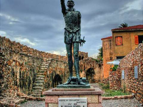Statue of Miguel de Cervantes at the harbour of Naupactus (Lepanto)