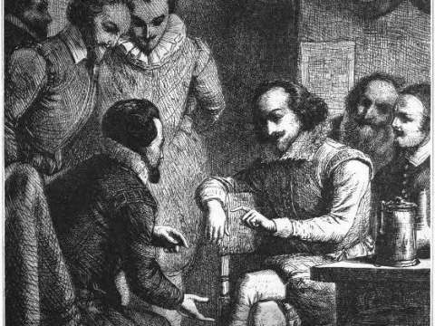 A 19th-century engraving illustrating Thomas Fuller's story of Shakespeare and Jonson debating at the 