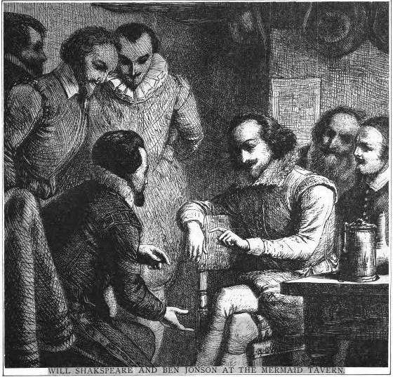 A 19th-century engraving illustrating Thomas Fuller's story of Shakespeare and Jonson debating at the 