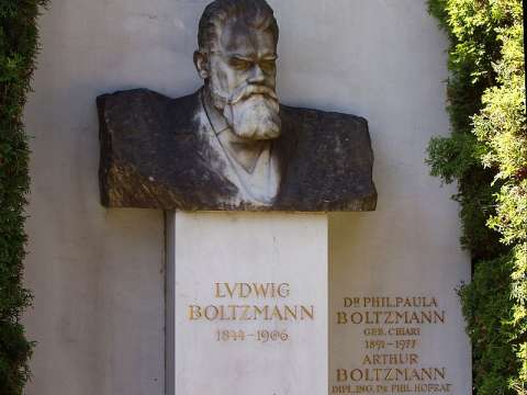 Boltzmann's grave in the Zentralfriedhof, Vienna, with bust and entropy formula.