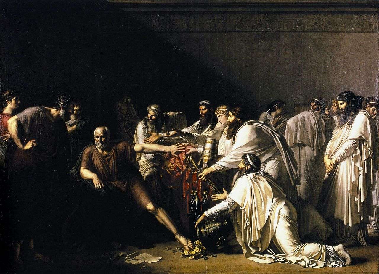 Illustration of the story of Hippocrates refusing the presents of the Achaemenid Emperor Artaxerxes, who was asking for his services. Painted by Girodet.