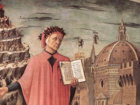 Dante, poised between the mountain of purgatory and the city of Florence