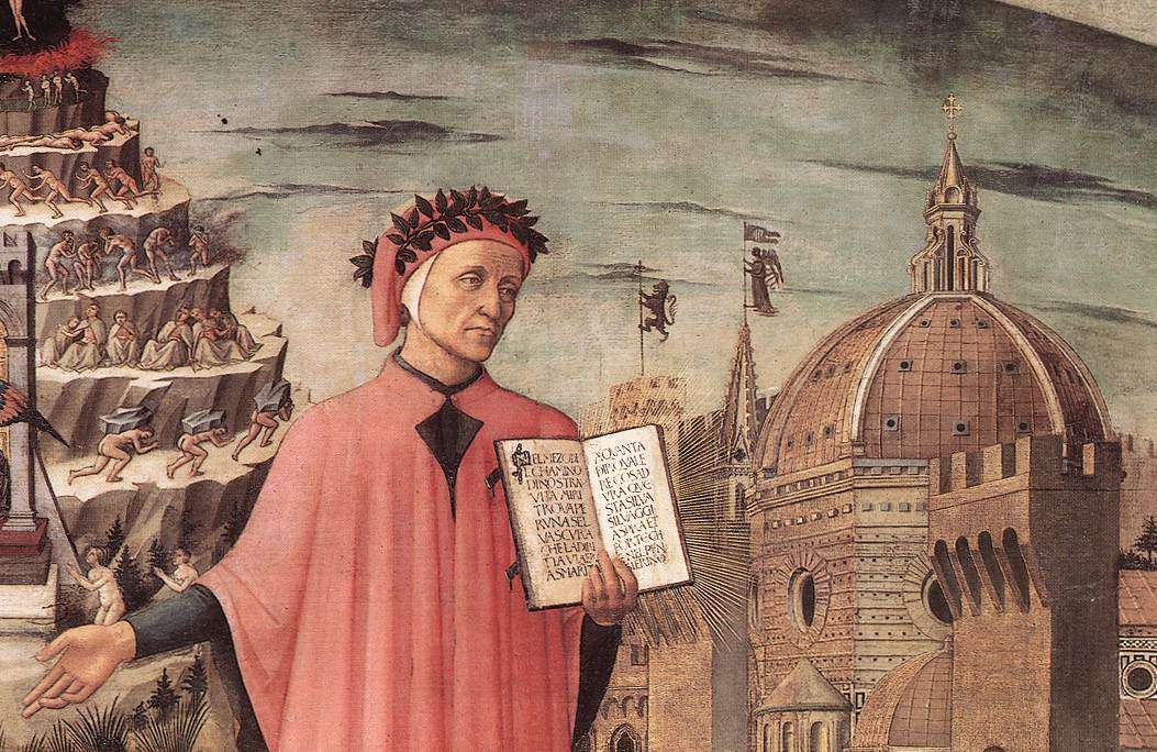 Dante, poised between the mountain of purgatory and the city of Florence