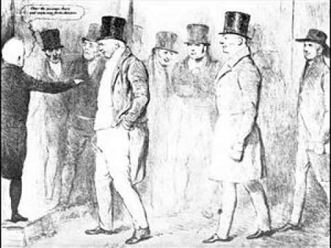 William Cobbett (left foreground), John Gully (middle) and Joseph Pease (right) (the first Quaker elected to Parliament) arriving at Westminster, during March 1833. Sketch by John Doyle.