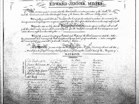 Jenner's 1802 testimonial to the efficacy of vaccination, signed by 112 members of the Physical Society, London