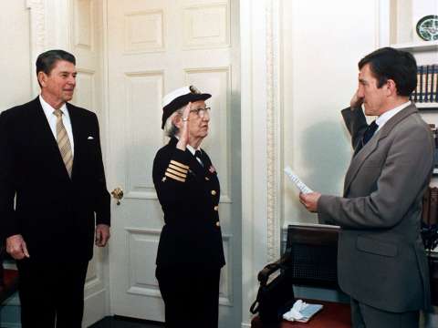 Hopper being promoted to the rank of commodore in 1983