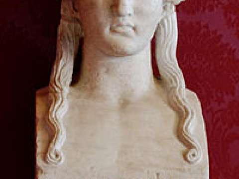 A Roman sculpture of Sappho, based on a Classical Greek model. The inscription reads ΣΑΠΦΩ ΕΡΕΣΙΑ, or 