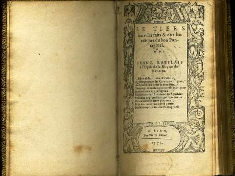Titlepage of a 1571 edition containing the last three books of Pantagruel: Le Tiers Livre des Faits & Dits Heroïques du Bon Pantagruel