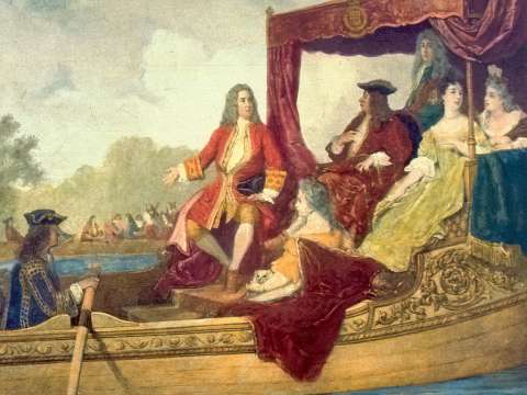 Handel (centre) and King George I on the River Thames, 17 July 1717, by Edouard Hamman (1819–88)