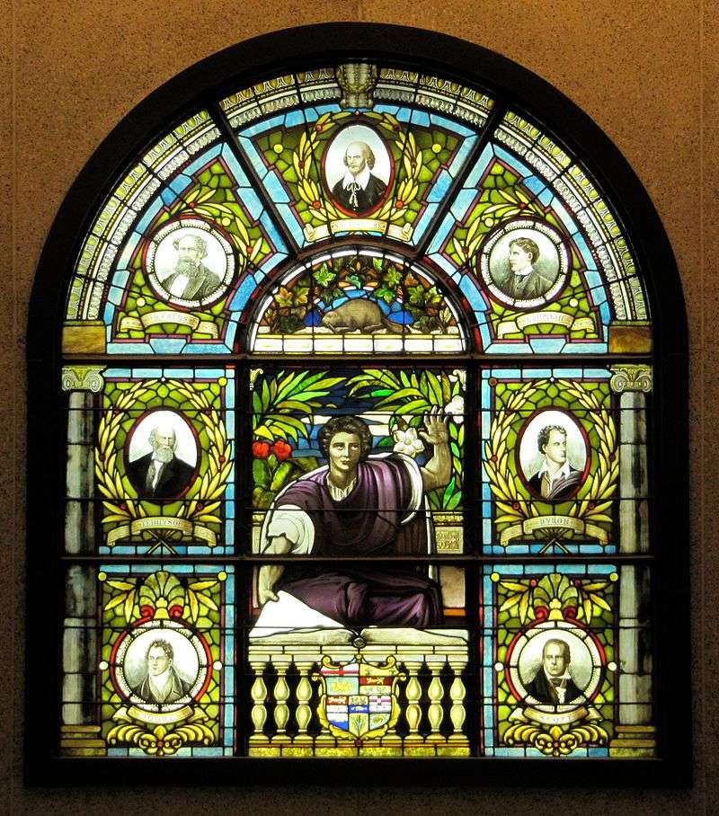 Stained glass at Ottawa Public Library features Charles Dickens, Archibald Lampman, Sir Walter Scott, Lord Byron, Alfred, Lord Tennyson, William Shakespeare, Thomas Moore