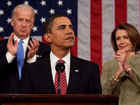 Obama delivers a speech at joint session of Congress with Vice President Joe Biden and House Speaker Nancy Pelosi on February 24, 2009.