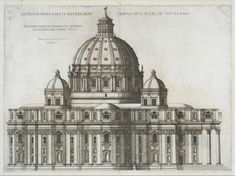 The exterior is surrounded by a giant order of pilasters supporting a continuous cornice. Four small cupolas cluster around the dome.