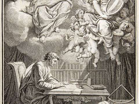 In the frontispiece to Voltaire's book on Newton's philosophy, du Châtelet appears as Voltaire's muse, reflecting Newton's heavenly insights down to Voltaire.