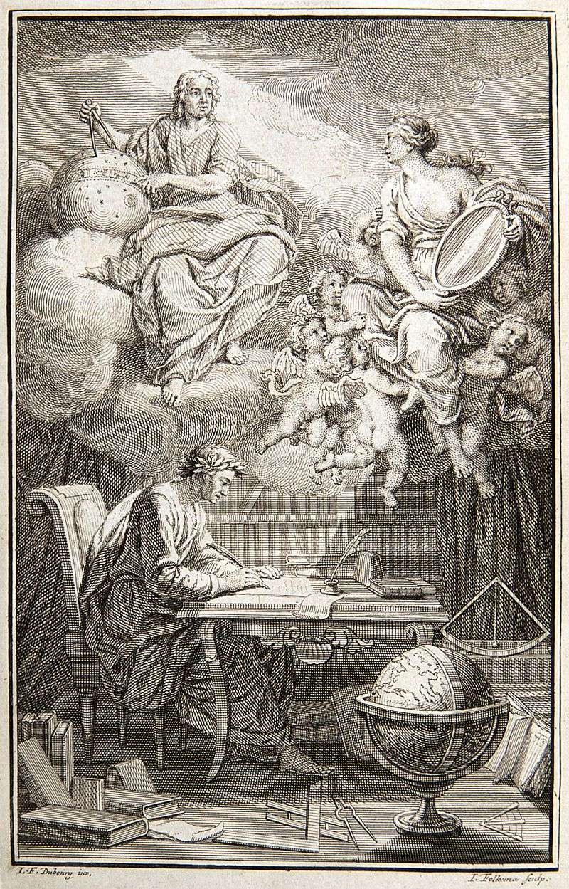 In the frontispiece to Voltaire's book on Newton's philosophy, du Châtelet appears as Voltaire's muse, reflecting Newton's heavenly insights down to Voltaire.