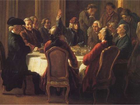 Un dîner de philosophes painted by Jean Huber. Denis Diderot is the second from the right (seated).