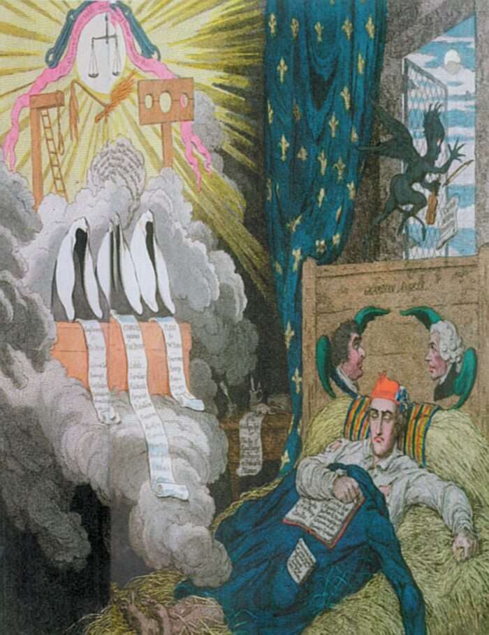 English satirist James Gillray ridicules Paine in Paris awaiting sentence of execution from three hanging judges.