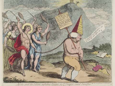 A caricature of Johnson by James Gillray mocking him for his literary criticism; he is shown doing penance for Apollo and the Muses with Mount Parnassus in the background.