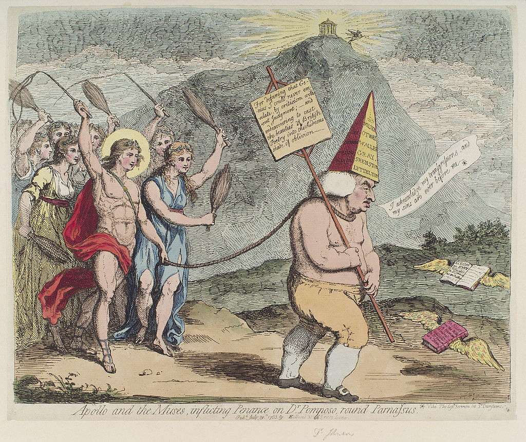 A caricature of Johnson by James Gillray mocking him for his literary criticism; he is shown doing penance for Apollo and the Muses with Mount Parnassus in the background.