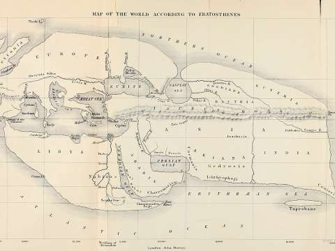 19th-century reconstruction of Eratosthenes' map of the (for the Greeks) known world, c. 194 BC