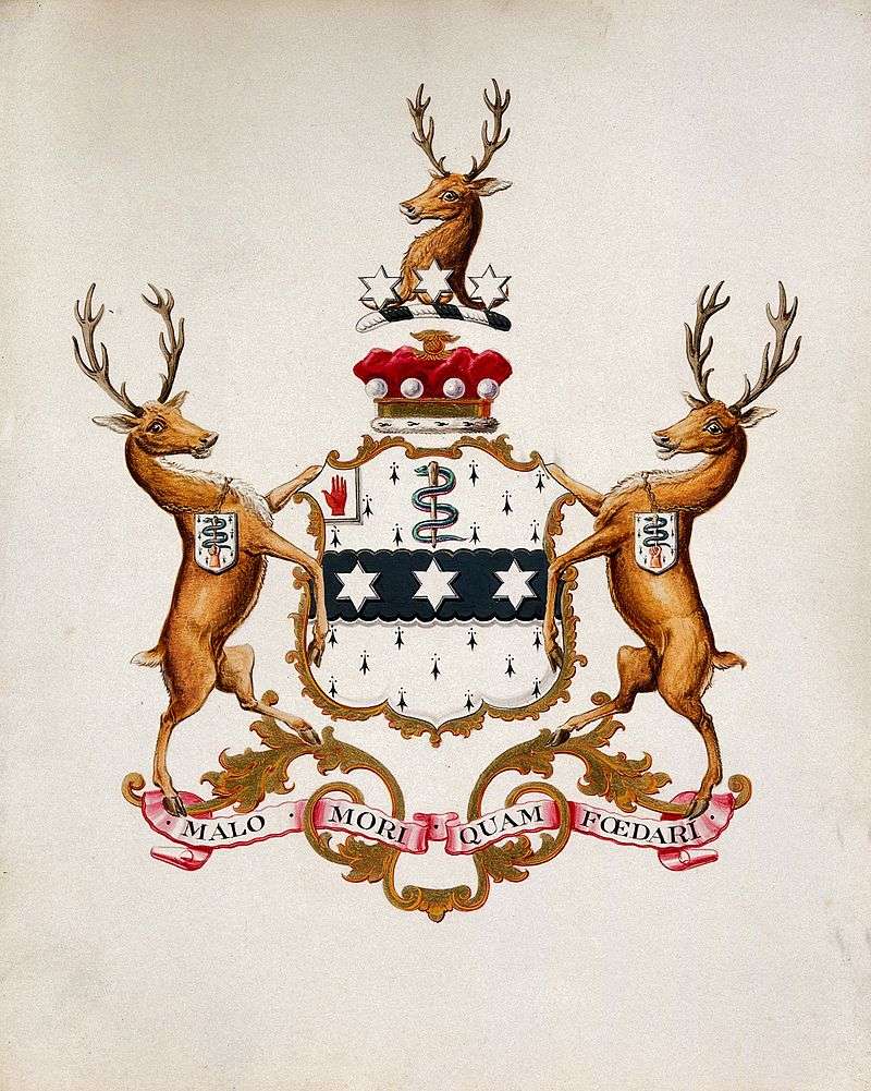 Arms of Joseph Lister: Ermine, on a fess invected sable three mullets of six points argent in chief a Staff of Aesculapius erect proper with canton of a baronet, Red Hand of Ulster