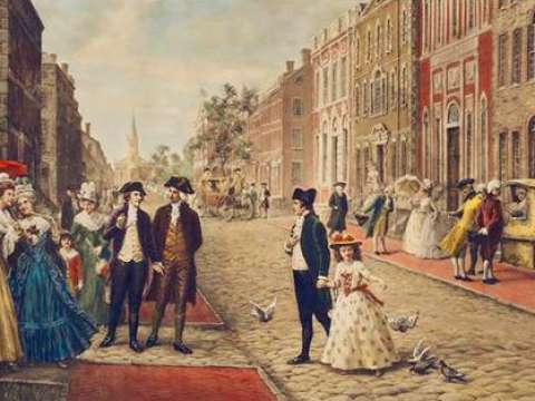 Aaron Burr, Hamilton and Philip Schuyler strolling on Wall Street, New York, 1790