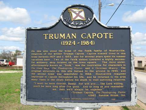 Historical marker at the site of the house Truman Capote frequently visited in Monroeville, Alabama.