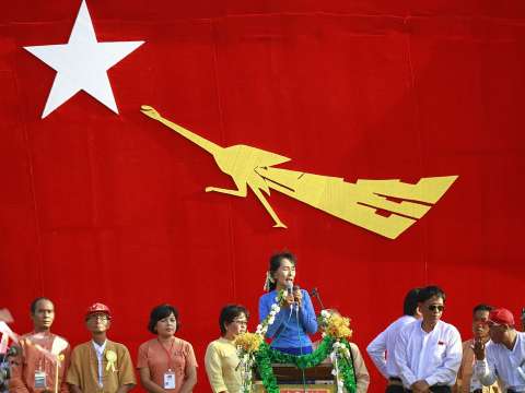 Aung San Suu Kyi (Center) gives a speech to the supporters during the 2012 by-election campaign at her constituency Kawhmu township, Myanmar on 22 March 2012.