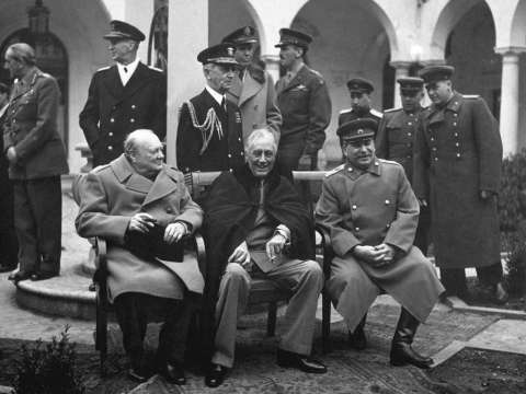 Churchill, Roosevelt, and Stalin at the Yalta Conference, February 1945, two months before Roosevelt's death