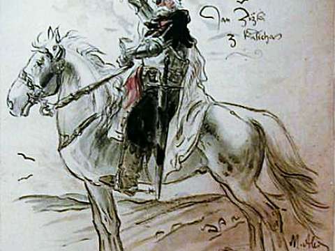 A painting by Mikoláš Aleš showing Jan Žižka as hussite general