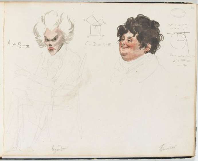 1820 watercolor caricatures of French mathematicians Adrien-Marie Legendre (left) and Joseph Fourier (right)