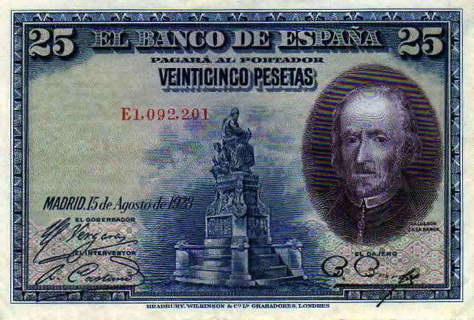 Calderón depicted on a 1928 25 Pesetas banknote.