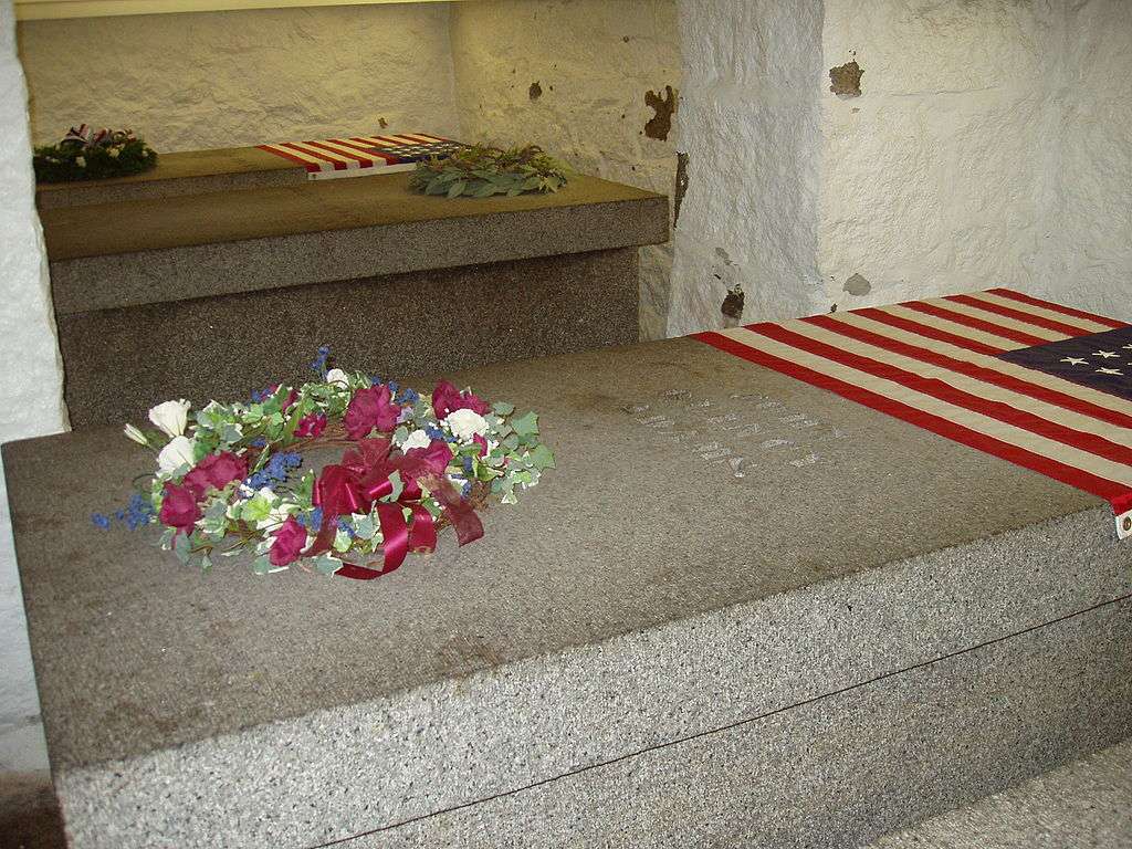 Tombs of John and Abigail Adams (far) and John Quincy and Louisa Adams (near), in family crypt at United First Parish Church