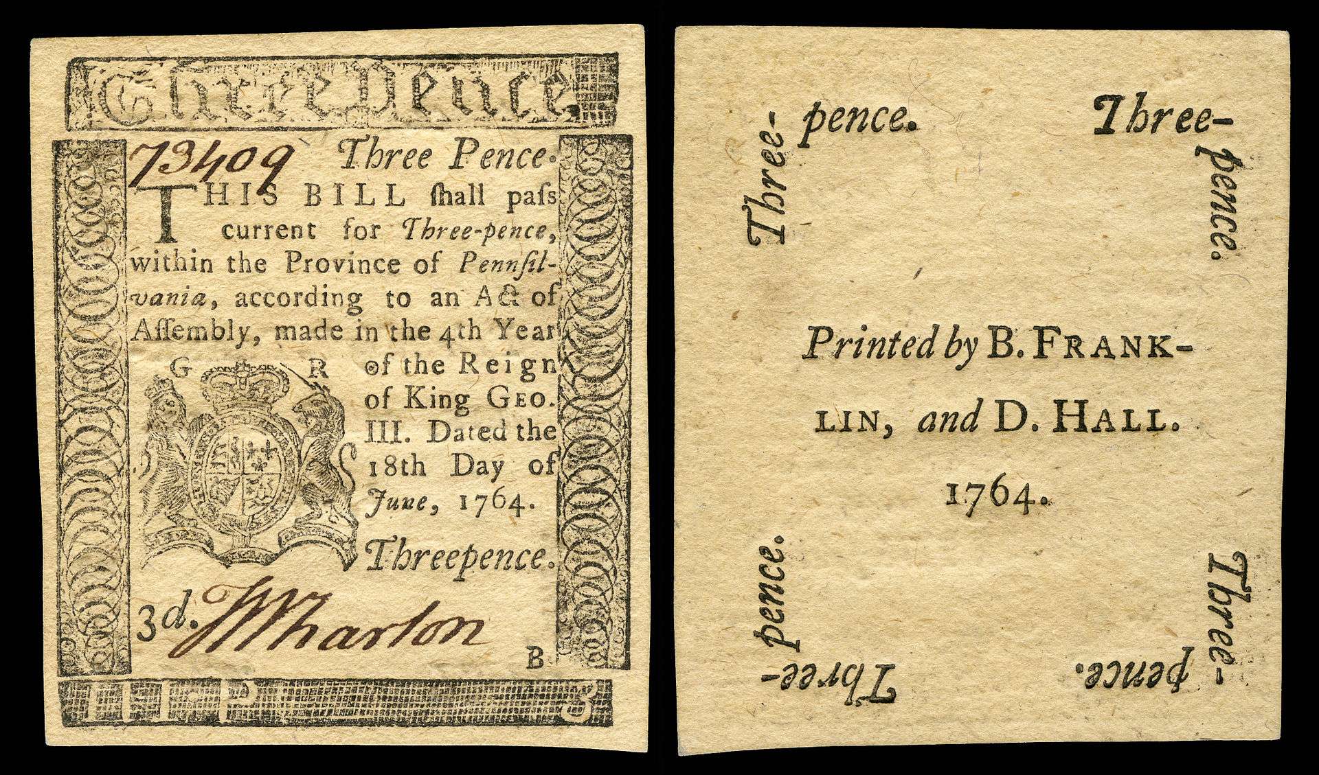 Pennsylvania colonial currency printed by Franklin in 1764