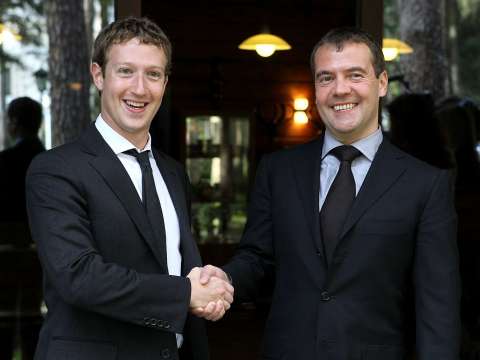 Zuckerberg and Russian Prime Minister Dmitry Medvedev during their meeting at the Russian leader's residence outside Moscow, October 1, 2012