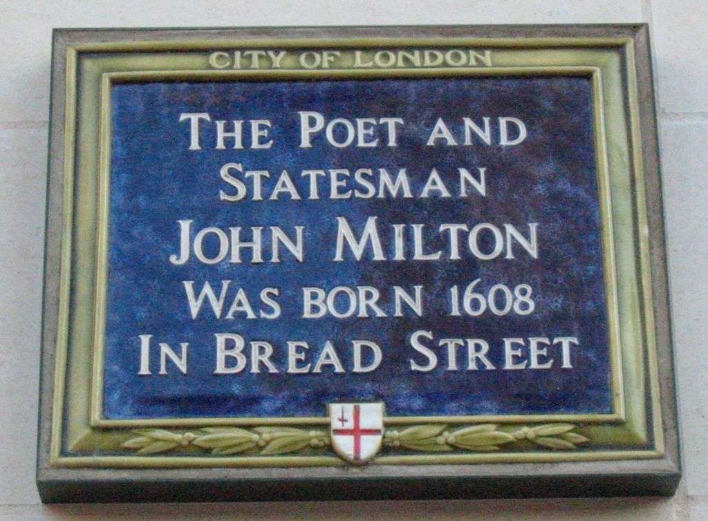Blue plaque in Bread Street, London, where Milton was born