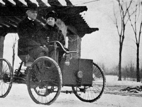 Henry and Clara Ford in his first car, the Ford Quadricycle