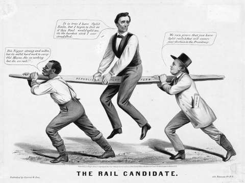 The Rail Candidate—Lincoln's 1860 platform, portrayed as being held up by a slave and his party.