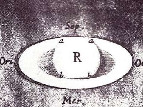 Hooke noted the shadows (a and b) cast by both the globe and the rings on each other in this drawing of Saturn.
