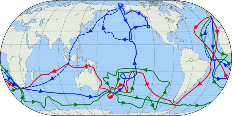 The routes of Captain James Cook's voyages. The first voyage is shown in red, second voyage in green, and third voyage in blue. The route of Cook's crew following his death is shown as a dashed blue line.