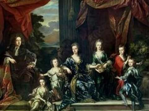 The Marlborough family c. 1694 by John Closterman. On the Duke's left are Elizabeth, Mary, the Duchess, Henrietta, Anne and John.