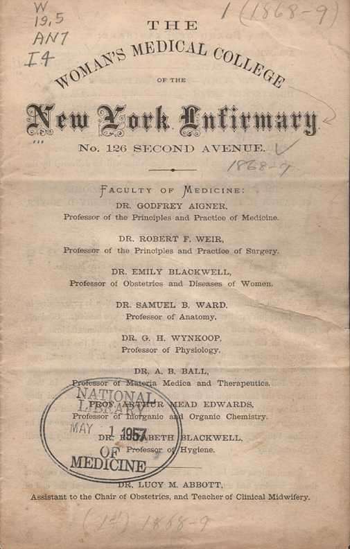 The Woman's Medical College of the New York Infirmary. [Announcement, 1868–69].