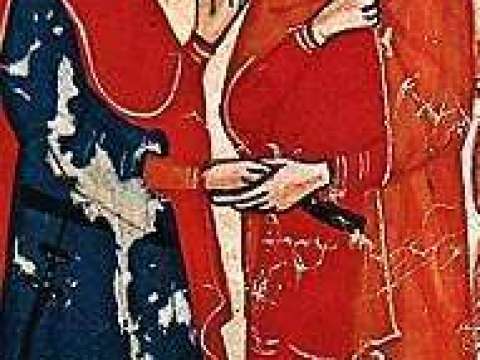 Frederick II (left) meets Al-Kamil (right). Nuova Cronica, c. 1348.