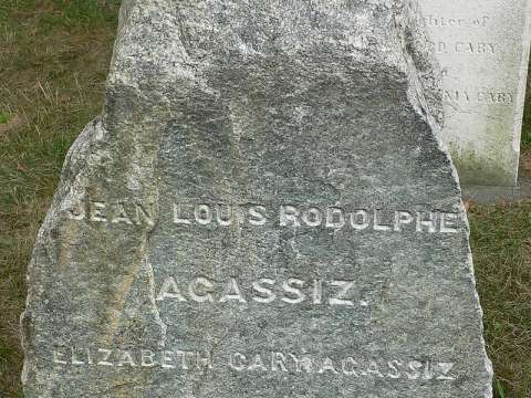 Agassiz's grave, Mount Auburn Cemetery, Cambridge, Massachusetts, is a boulder from the moraine of the Aar Glaciers, near where he once lived.