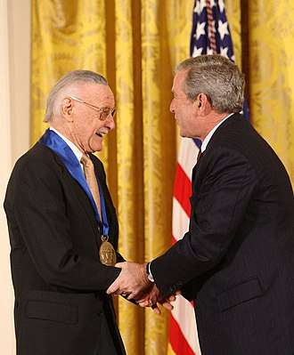 Stan Lee is congratulated by President George W. Bush on receiving the National Medal of Arts in 2008.